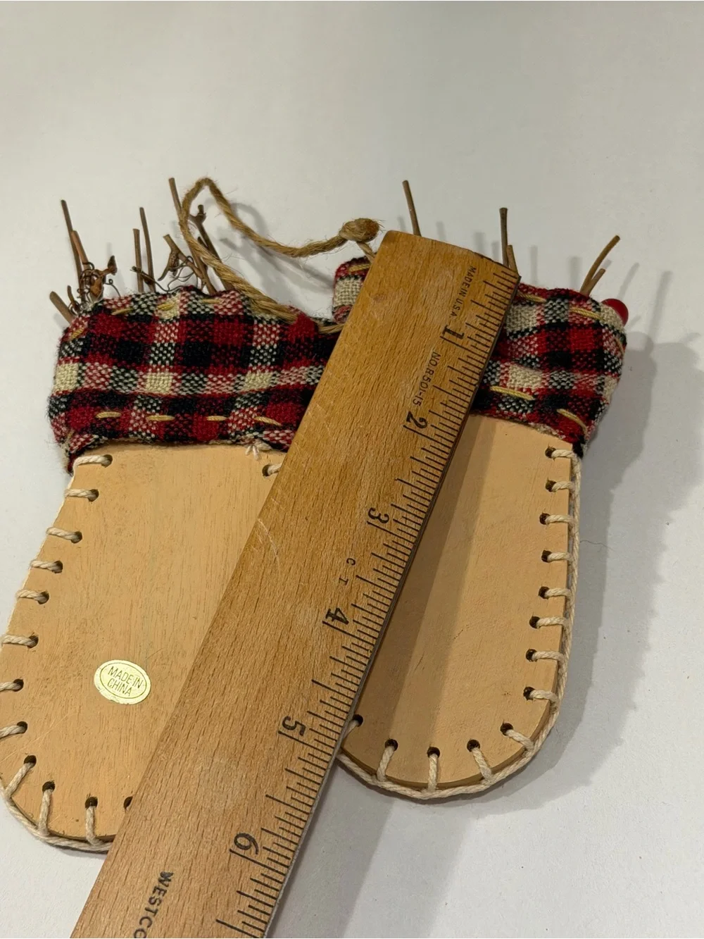 Merry mittens Plaid Trim Wooden Mitten Ornament